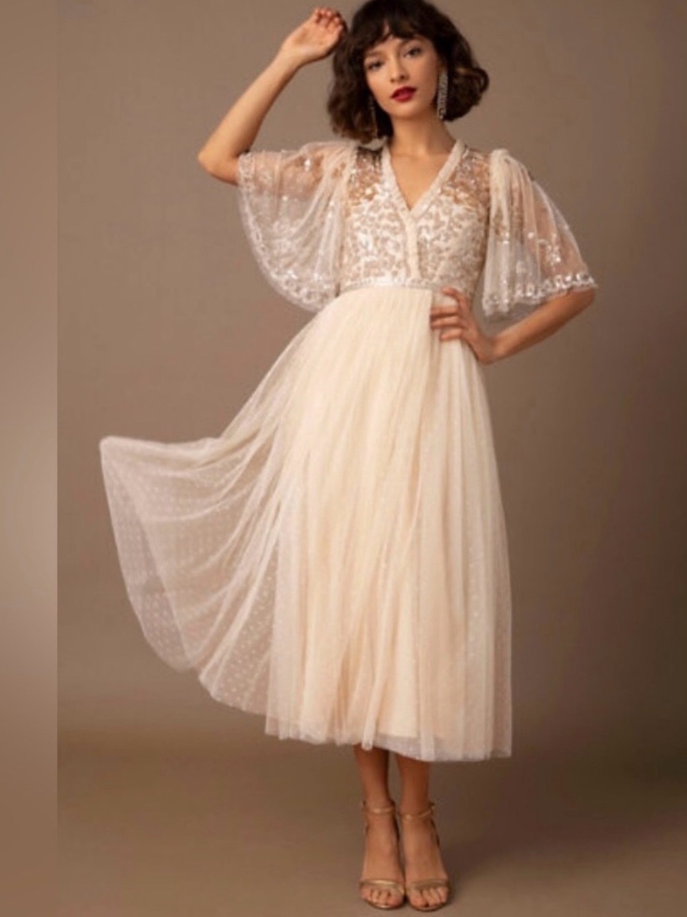 Needle & Thread Anthropologie BHLDN Patchwork  Midi Dress Champagne 10